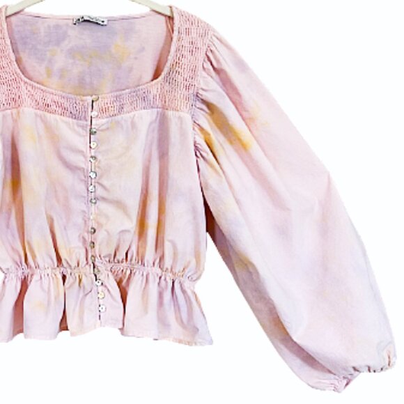 ZARA Tie-Dye Puff Sleeve Blouse M Pink Yellow Boho Peasant Top Bloggers Fave - Picture 4 of 9